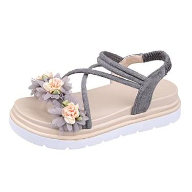 Imagem de Sandálias femininas elegantes sandálias femininas moda primavera e verão decoração de flores bonito elástico suave fundo grosso plano sapatos confortáveis (cinza, 7)