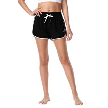 Imagem de Nonwe Short feminino de praia secagem rápida sólido verão praia cintura elástica cordão preto M