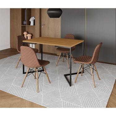 Imagem de Mesa Jantar Industrial com 4 Cadeiras Estofadas Caramelo Madeira Tampo Canela 120x75 Base V Aço Pret