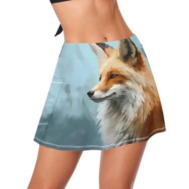 Imagem de CHIFIGNO Saia de natação feminina, roupa de banho atlética, cintura alta, saia com bolso lateral, Retrato de raposa vermelha marrom, P