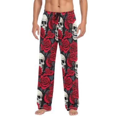 Imagem de Calça de pijama masculina, calça de pijama masculina Mardi Gras dourada e roxa pijama masculino para presentes de dia dos namorados, Rosas vermelhas e caveiras - 3, GG