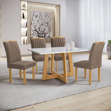 Imagem de Conjunto Mesa Arizona 120cm com 4 Cadeiras Arizona Tampo Smart Plus com Vidro Cinamomo/Off White/Bege Escuro