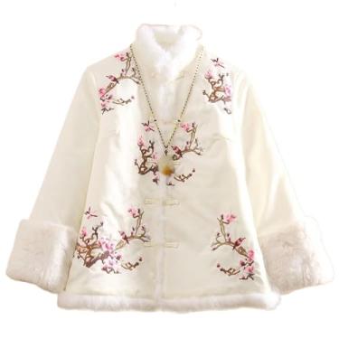 Imagem de JYHBHMZG Casaco feminino outono inverno retrô bordado Pega, flor de ameixa, elegante, solto, jaqueta quente, Branco, PP