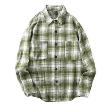 Imagem de Camisa masculina casual retrô xadrez abotoada manga comprida gola lapela camisa streetwear, Verde, M