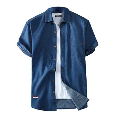 Imagem de Camisa masculina jeans de algodão manga curta gola alta caimento solto top com bolso, Cor 2, 5G