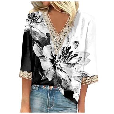 Imagem de Camisetas femininas de verão manga 3/4 com decote em V floral 2024, camisetas femininas casuais com acabamento em renda, blusas femininas elegantes e casuais, Branco 12, P