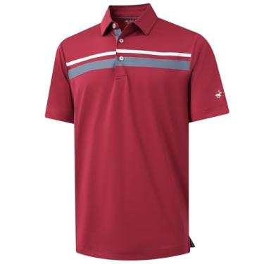 Imagem de Rouen Camisa polo masculina, manga curta, ajuste seco, leve, sem rugas, casual, atlética, listrada, camiseta de golfe masculina, Vermelho, GG