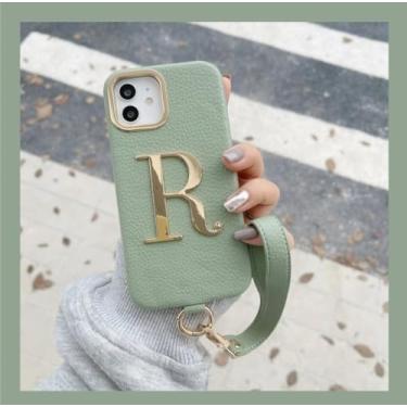 Imagem de Corda de mão inicial de couro letras douradas capa de telefone para iPhone15 14 13 12 11Promax 14 15Plus Case, 4, para iPhone 12Pro Max