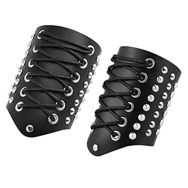 Imagem de STWTR Pulseira masculina de punho largo punk rock para motocicleta, cinto largo de couro e aço inoxidável, rebite
