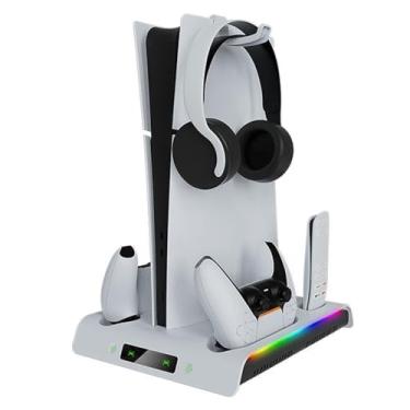 Imagem de Suporte de ventilador de resfriamento para PS5 Slim Disc/Digital Edition com estação de carregamento de controlador, suporte vertical com luz RGB, 3 portas USB, suporte para fone de ouvido (Branco)
