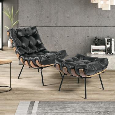 Imagem de Kit Poltrona Decorativa em Costela e Puff Couro Preto