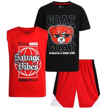 Imagem de Pro Athlete Conjunto de shorts ativos para meninos – camiseta de ajuste seco de 3 peças, regata e shorts de basquete (8-16), Vermelho preto Savage Vibes, 14-16