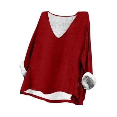 Imagem de Camisetas femininas plus size gola V manga comprida linho cor sólida para sair 2024 verão casual blusas elegantes túnicas, Vermelho, XXG