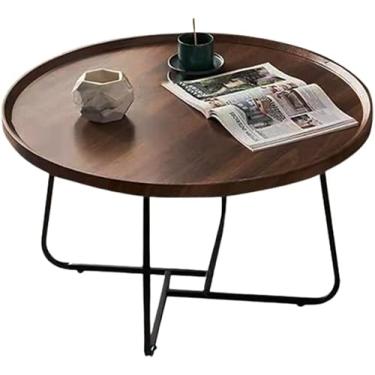 Imagem de Mesa de centro multifuncional moderna sala de estar doméstica pequena combinação redonda mesa de centro nogueira tampo de madeira e estrutura de metal preta (tamanho: 80x46cm, nogueira, 60x3