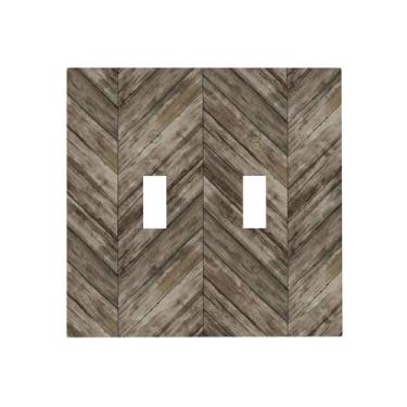 Imagem de Spshian Capa de interruptor de luz rústica marrom espinha de peixe prancha de madeira 2 gangues placa de interruptor de luz dupla interruptor interruptor decorativo capas de tomada placa de