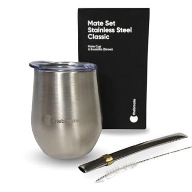 Imagem de thebmate Conjunto clássico de xícara de erva mate – copo mate de aço inoxidável – conjunto prata com tampa, canudo Bombilla e escova de limpeza (227 g)