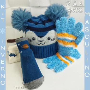 Imagem de Kit 5 Itens Inverno Infantil Masculino Touca Luva e Meia de 2 á 4 Anos