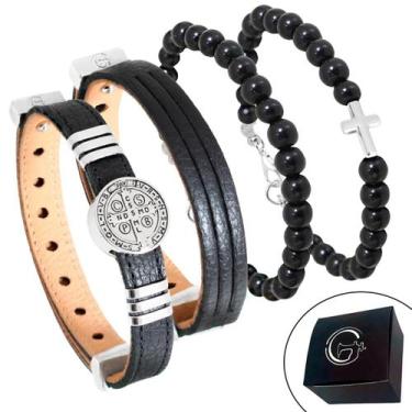 Imagem de Pulseira de Couro Kit 04 São Bento Marrom Preto com Fecho Strap Plug A