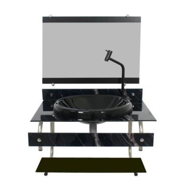 Imagem de Gabinete para banheiro de vidro itxx 60cm inox mármore preto + torneir