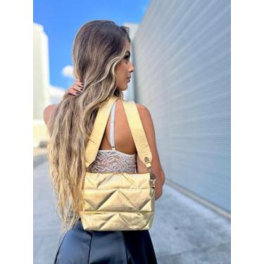 Imagem de Bolsa de couro dourada Elisa - Bolsa de couro transversal e tiracolo