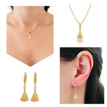 Imagem de Kit Conjunto Colar e Brinco Argolinha Nossa Senhora Aparecida Banhado 