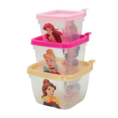Imagem de Pote Princesas Disney Infantil Kit com 3 Marmitas para lanche Escolar 