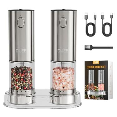 Imagem de DIJEE Conjunto de 2 moedores elétricos de sal e pimenta com bandeja, moedor de pimenta recarregável por USB, com luz LED, grossura ajustável, grande capacidade, moedor automático de pimenta para