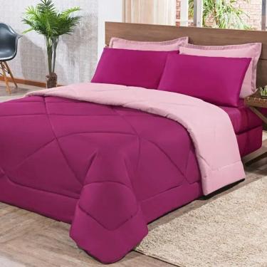 Imagem de Kit Edredom + Jogo De Lençol Aconchego Look House Dupla Face Casal King 06 Peças - Pink E Rosa