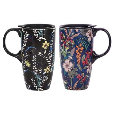 Imagem de DUSVALLY Caneca de cerâmica xícara de café grande canecas de café altas para viagem xícara de chá com latte de porcelana com tampa e alça, 500 ml, pacote com 2