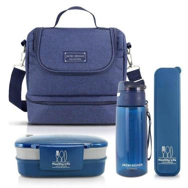 Imagem de Kit Fitness Bolsa Térmica C- 2 Compartimentos E Marmita 2 Andares Com Garrafa E Porta Talher Azul