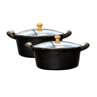 Imagem de Jogo 2 Panelas Alumínio Batido Craqueada N 26 e 30 Tampa Vidro - OkayS