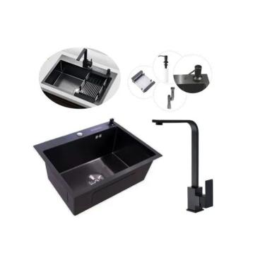 Imagem de Kit Cuba Pia Aço Inox Preta Quadrada Cozinha Torneira Slim