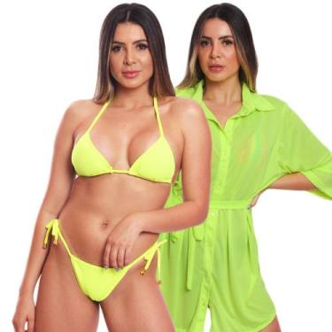 Imagem de Kit Saída de Praia Chemise Camisão Feminino + Biquini Cortininha de Am