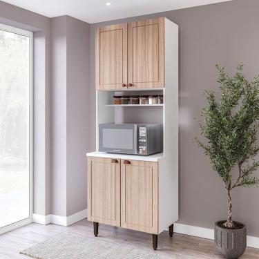 Imagem de Paneleiro / Torre Quente 4 Portas 2 Nichos para Forno e Utensílios com 80 Cm Pérola Yescasa Branco/Carvalho