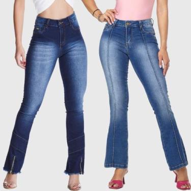 Imagem de Kit 2 Calças Flare Jeans HNO Jeans Petit Flare Azul Friso-Azul Stonada
