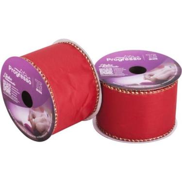 Imagem de Fita ARAMADA Natal 63 MM X 10 Metros Cetim Vermelho e Dourado - Fitas 