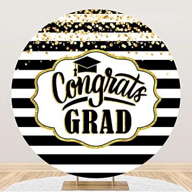 Imagem de Laeacco 2,8 x 1,8 m Congrats Grad Round Backdrop Poliéster Preto Branco Listrado Fotografia Fundo Chapéu de Bacharel Parabéns Formatura Faculdade Festa Decoração Estudantes Pós-Graduação Estúdio