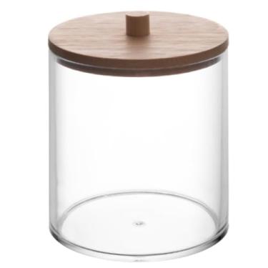 Imagem de Porta Cotonete Organizador de Algodão em Acrílico Transparente com Tampa de Bambu Caixa de Armazenamento para Maquiagem Cosméticos Joias e Sais de Banho Tamanho 10 cm x 7cm x 7cm