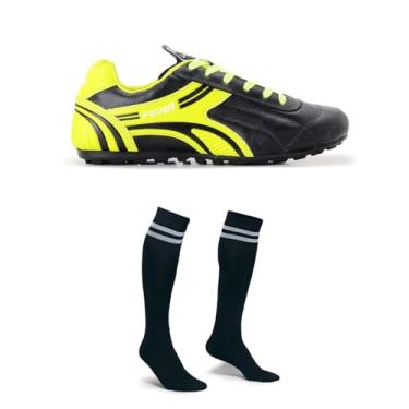 Imagem de Kit Chuteira Society Couro Legitimo Preto Amarelo Limão Mais Par Meião (Preto, BR, Adulto, Numérico, 44)