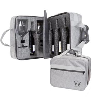 Imagem de Mala para Vinho de Mão Pequena Para Transporte de Garrafas Vinho e Taças Com Espuma Protetora Anti Shock Wine & Companhia (4 Garrafas e 2 Taças, Cinza)