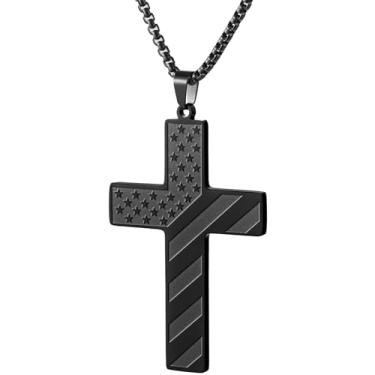 Imagem de Colar de cruz preta para homens, meninos, aço inoxidável, banhado a ouro 18 K, pingente de bandeira americana, versículo bíblico, cruz, colares de formatura 45,7-61 cm, 18 Inch, Aço inoxidável, Sem