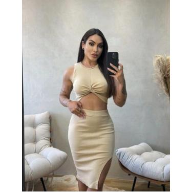Imagem de Conjunto Feminino Ribana Canelado Cropped Cruzado E Saia Mídi Fenda La