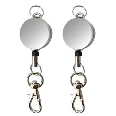 Imagem de 2 carretéis retráteis de crachá para porta-cartões de identificação. Carretel de crachá de metal - um acessório para cordão ou chaveiro (prata)