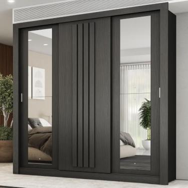 Imagem de Guarda Roupa Casal 3 Portas Doha c/ Espelhos Laterais Carraro Preto Touch