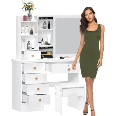 Imagem de Penteadeira com luzes LED, mesa de maquiagem de garotas brancas da vaidade com espelho/gavetas/prateleiras abertas, tipo B tipo B