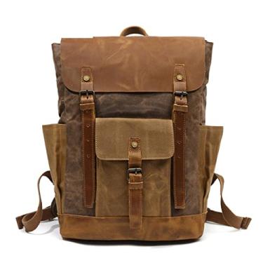 Imagem de Mochila vintage masculina de lona bolsa de viagem de couro encerada para laptop bolsa masculina de lona encerada(Brown)
