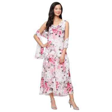 Imagem de Alex Evenings Vestido feminino formal sem mangas com estampa floral e gola drapeada com xale, convidada de casamento, vestido para mãe da noiva, Fúcsia Multi, 46