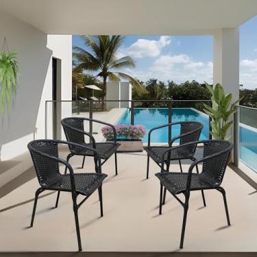 Imagem de Conjunto 4 Cadeira Ravena Poltrona de Junco para Área Piscina Jardim Terraço Deck em Aço Fibra Sintética (Preto)