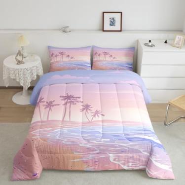 Imagem de Conjunto de edredom de praia rosa, tamanho solteiro, coqueiro, 2 peças, para decoração de quarto de crianças, meninos, meninas, adolescentes, conjunto de colcha estilo mar do Havaí, doce verão e