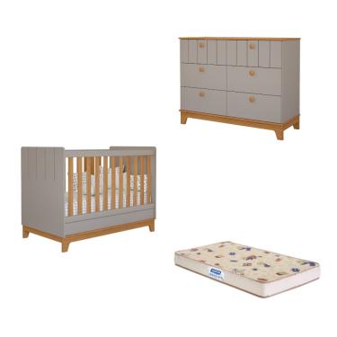 Imagem de Quarto de Bebê com Cômoda Berço e Colchão Liza Permobili - Fendi/Nature